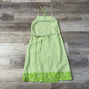 Vintage Y2K 90s Green Floral Sundress Criss Cross Open Back Cotton Midi Large